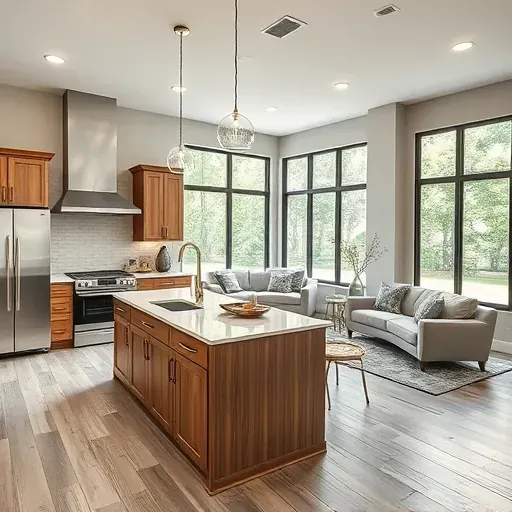 Modern kitchen in Pinehurst TX with wood cabinetry, quartz island, stainless steel appliances, and lush greenery.