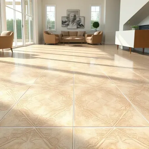 Close-up of pristine beige and gray tile flooring in a modern well-lit interior with natural light, highlighting craftsmanship and detail