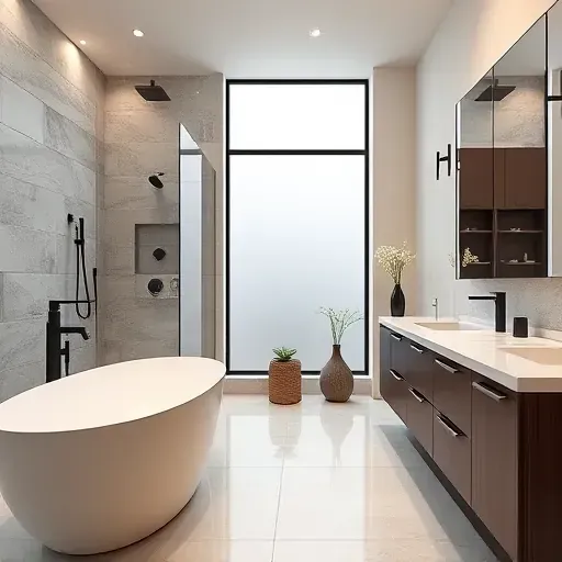 Beautiful modern bathroom in Cypress Creek TX with glass shower, freestanding tub, quartz vanity, elegant fixtures and design