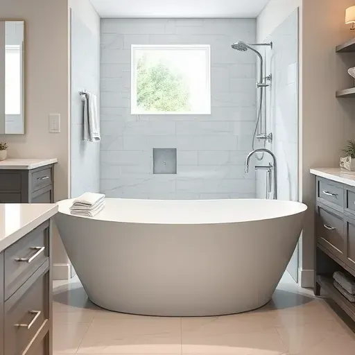 Freshly installed white bathtub with chrome fixtures in a modern, well-lit bathroom featuring marble countertops, neutral tiles, and minimalist decor