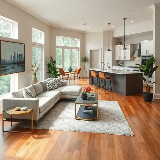 Remodeled living space in The Woodlands TX with modern hardwood floors, stylish furnishings, and natural light ambiance.