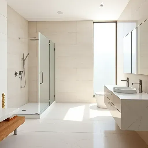 Newly remodeled bathroom in West Houston featuring a modern design with walk-in shower, minimalist vanity, and natural light.