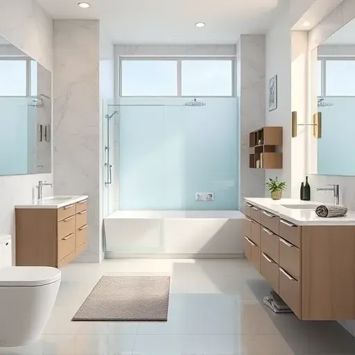 Remodeled Katy Texas bathroom with modern fixtures, marble countertops, walk-in shower, elegant cabinetry, and natural lighting