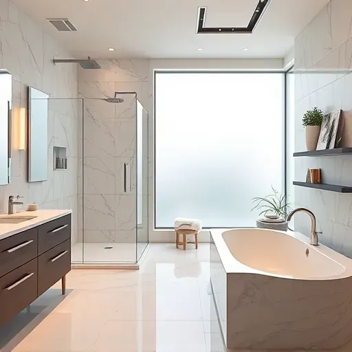 Remodeled luxurious bathroom in Katy Texas with walk-in shower, marble countertops, freestanding tub, and modern fixtures