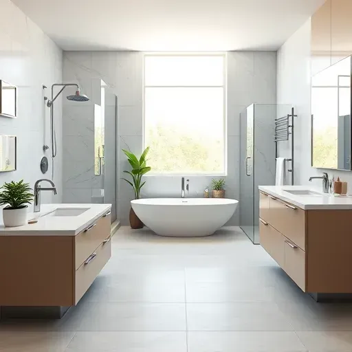 Remodeled modern bathroom in Houston with walk-in shower, marble accents, freestanding tub, double vanity, and neutral tones