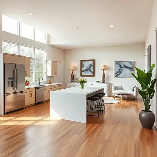 Modern Friendswood home remodel showcasing open-concept living space with hardwood floors and elegant decor.