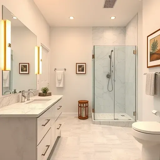 Renovated bathroom in Pinehurst TX with modern fixtures, walk-in shower, marble countertops, and stylish decor.