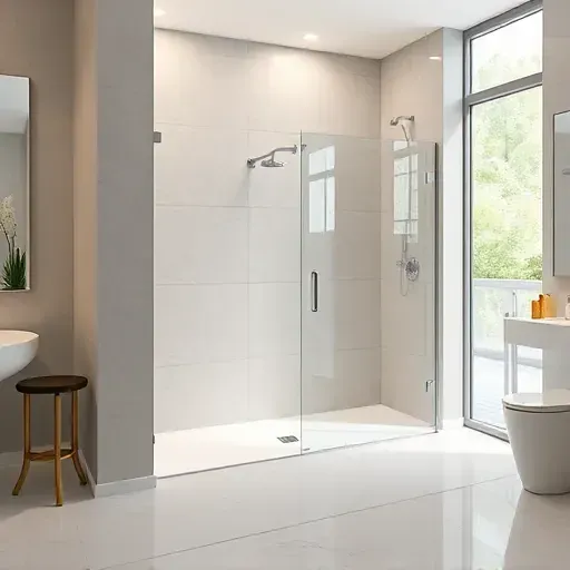 Modern bathroom with sleek matte grey and beige shower wall panels, minimalist design, chrome fixtures, natural light.