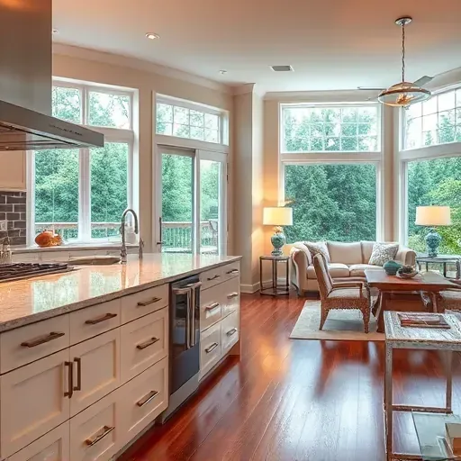 Modern kitchen and open-concept living space in Towne Lake TX with high-end appliances, marble countertops, and neutral decor.