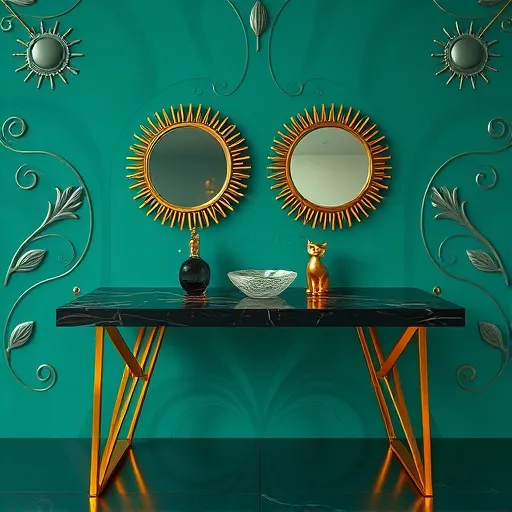 A luxurious floating vanity inspired by Art Deco design set against a rich teal and gold background, emphasizing modern elegance and opulence. The sleek, black marble surface features layered zigzag chrome accents and is illuminated by warm golden lighting that highlights its intricate patterns. Supported by slender, geometric gold pillars that reflect ambient light, the vanity appears to hover effortlessly, creating a sense of lightness and sophistication. Ornate vintage-style mirrors with sunburst brass frames are positioned at different angles, adding depth and visual interest. Decorated with charming details including a vintage perfume bottle shaped like a peacock, a crystal bowl containing geometric-shaped beauty tools, and a playful gold cat statuette, the scene exudes personality and whimsy. The background features soft swirling patterns and subtle Art Deco motifs, including stylized feathers and sun motifs, framing the scene in a refined yet inviting atmosphere. The color palette combines deep emerald, shimmering gold, sleek black, and touches of soft pastel pink, evoking a mood of serene glamour and playful sophistication, perfect for a stylish, modern vanity with vintage charm.