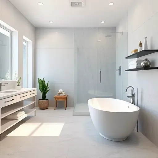 Modern bathroom in Spring Texas with sleek fixtures, freestanding tub, glass shower, marble countertops, and elegant decor
