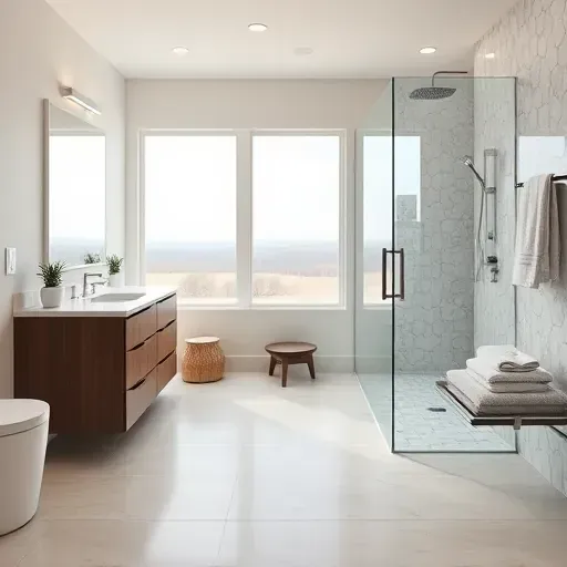 Spacious remodeled bathroom in Spring TX with modern fixtures, marble countertops, and natural light from large windows.