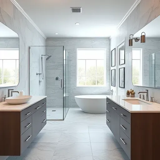 Finished modern bathroom in Woodbranch TX with walk-in shower, freestanding tub, marble counters, textured tile, and natural light