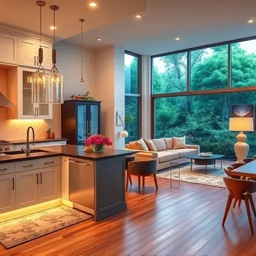 Modern kitchen and living room in Memorial TX with sleek cabinetry, polished countertops, and elegant decor.