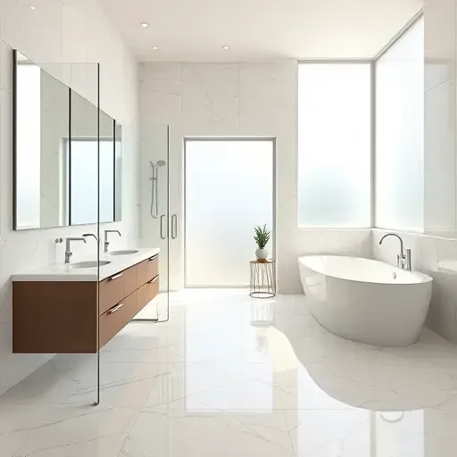 Beautiful remodeled bathroom in Conroe TX with modern fixtures, glass shower, freestanding tub, marble tiles, and natural light