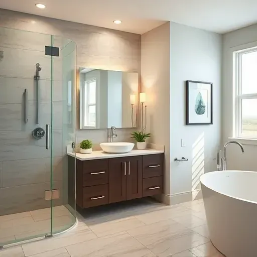 Renovated Humble Texas bathroom with walk-in shower, modern vanity, large neutral tiles, natural light, and stylish decor