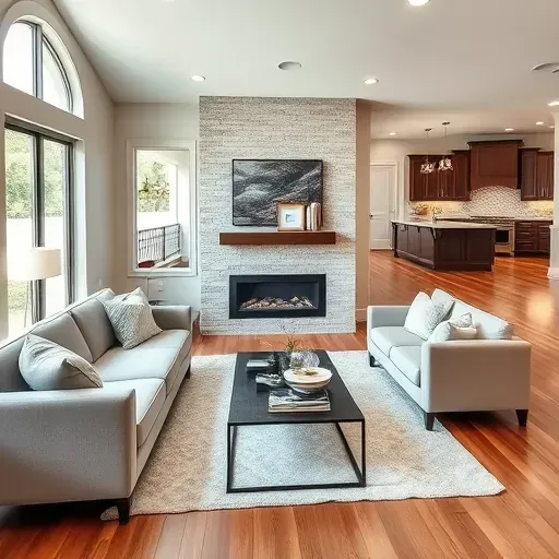 Renovated living room in Oak Ridge North, TX with modern furniture, custom fireplace, and bright open floor plan.