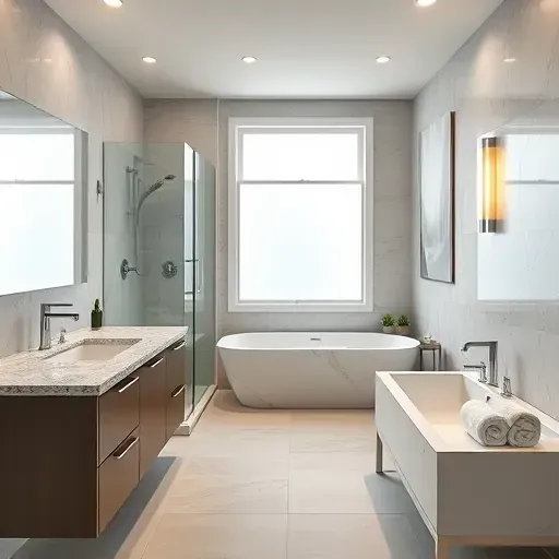 Modern remodeled bathroom in Richmond TX with glass shower, soaking tub, granite vanity, marble tiles, and subtle decor