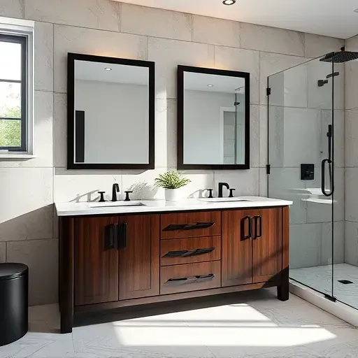 Modern bathroom with dark wood double vanity, marble countertops, backlit mirrors, geometric tile wall, glass shower, and natural light