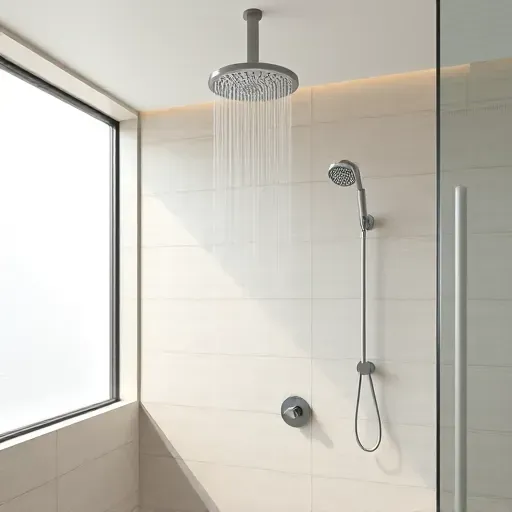 Seamless modern shower wall installation with rainfall ceiling showerhead, matte chrome fixtures, and neutral tones in bright bathroom