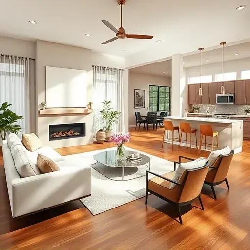 Beautifully remodeled open-plan living room in Pinehurst TX with modern furnishings and natural light, featuring elegant decor.