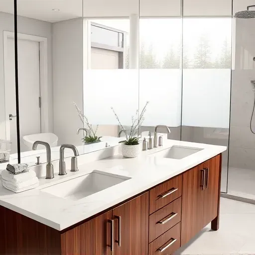 Modern bathroom with dark wood double vanity, white marble countertops, brushed nickel faucets, and natural light.