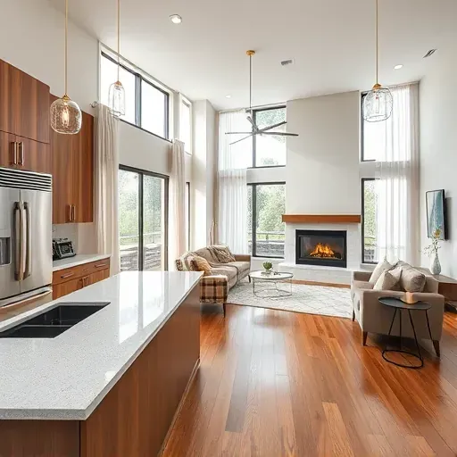 Modern home remodel in Cypress TX showcasing a stylish kitchen and living area with sleek appliances and rich wood finishes.