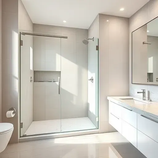 Newly installed sleek glass shower panels in a modern upscale bathroom with neutral tiles, polished countertops, and minimalist design
