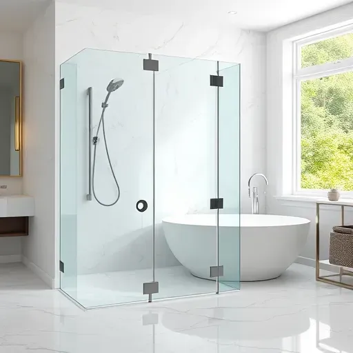 Modern bathroom with frameless glass shower door, marble tiles, chrome fixtures, bathtub, greenery, and natural light