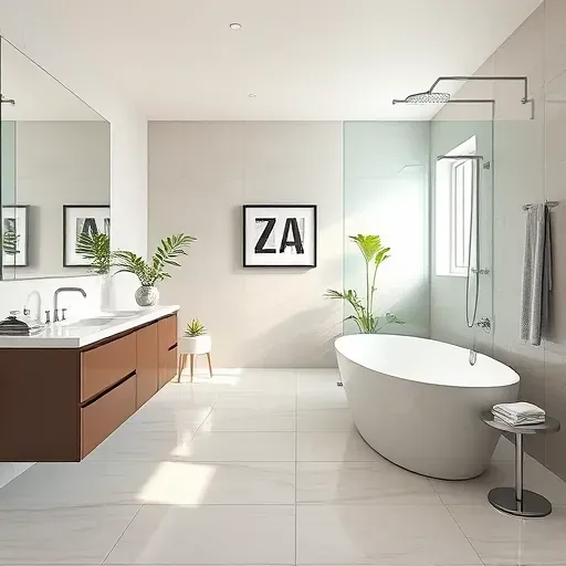 Freshly remodeled bathroom in Jersey Village TX featuring modern fixtures, elegant tiles, and spacious freestanding bathtub.