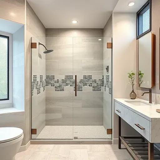 Completed modern custom shower in Spring Texas with glass doors, mosaic accents, textured stone floor, and polished surroundings