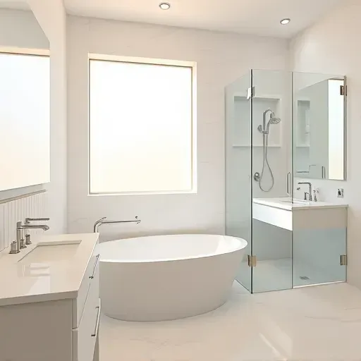 Renovated Missouri City bathroom with marble countertops chrome fixtures a soaking tub and modern tile decor