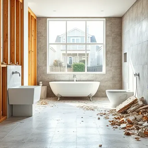 Completed bathroom demolition in Spring Texas with exposed studs, debris piles, and bright natural light in a modern home