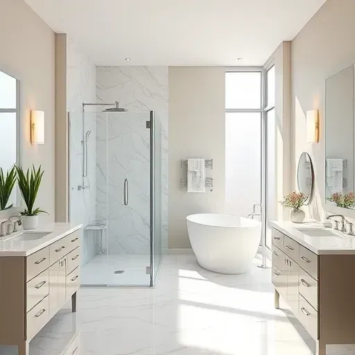 Renovated modern bathroom in West Houston with walk-in shower, marble countertops, contemporary cabinetry, neutral tones, natural light, and stylish decor