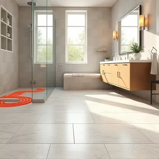 Modern bathroom with seamless heated stone tile flooring, glass shower, minimalist vanity, and natural lighting in Spring TX