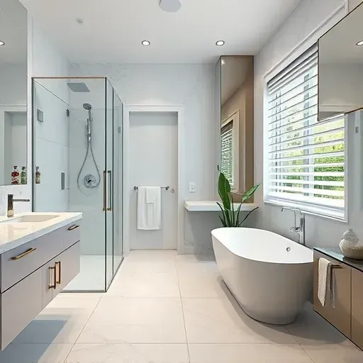 Renovated modern bathroom in North Houston with walk-in shower, marble countertops, freestanding tub, lush greenery visible outside