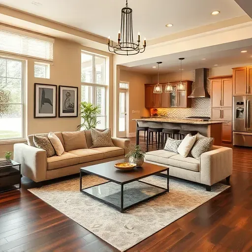 Spacious living room in Westpark Tollway, TX featuring warm walls, hardwood flooring, modern furniture, and elegant decor.