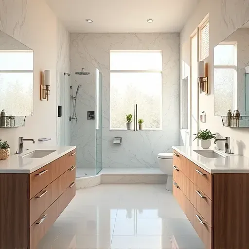 Remodeled Spring TX bathroom with modern fixtures, walk-in shower, marble countertops, tiled flooring, and natural light