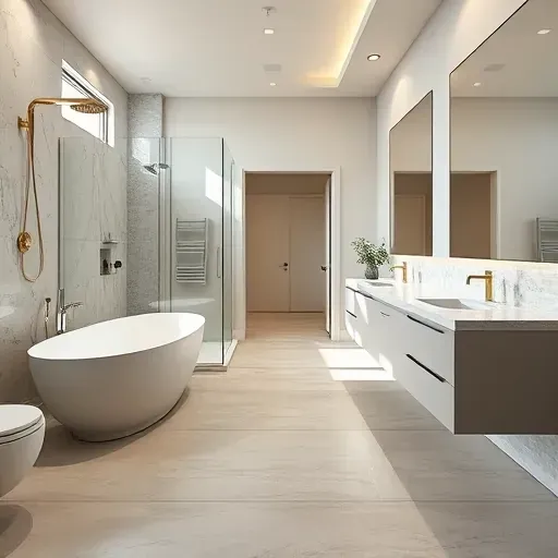 Recently remodeled bathroom in Aldine TX with modern fixtures, marble bathtub, glass rainfall shower, double vanity, and elegant finishes