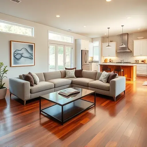Modern living room in Oak Ridge North, TX, with hardwood floors, ample light, chic furniture, and stylish decor.