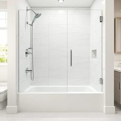 Recently completed modern tub-to-shower conversion in Spring TX with sleek fixtures, white tiles, glass enclosure, and natural light