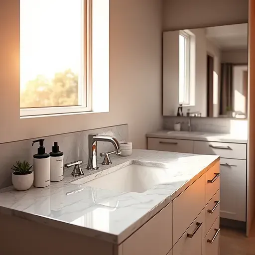 Flawlessly installed modern bathroom vanity with marble countertops chrome fixtures and natural lighting in Spring TX
