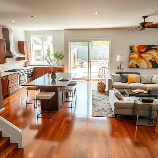 Modern living space in Shadow Creek TX showcasing open floor plan kitchen, dining, and living areas with elegant decor.