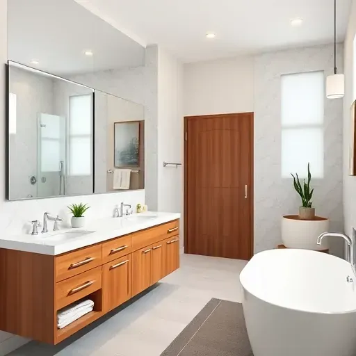 Remodeled Humble Texas bathroom with walk-in shower, freestanding tub, wood vanity, marble countertop, and modern decor