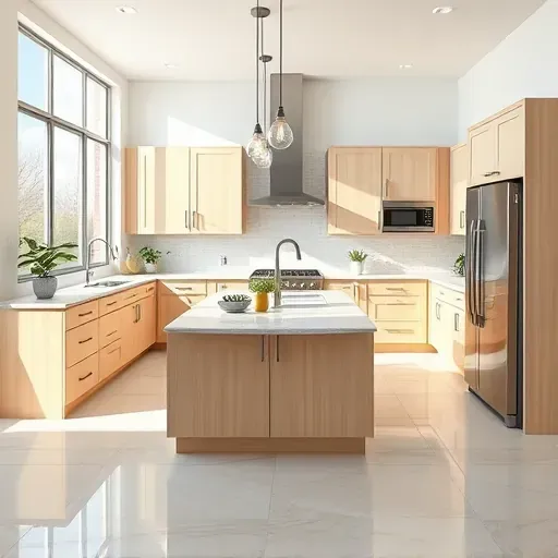 Modern springtime kitchen in Spring, TX with light wood cabinets stainless steel appliances granite island and natural sunlight