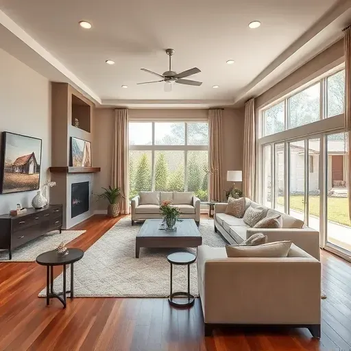 Modern living room in Conroe TX features elegant furnishings, large windows, and warm earth tones, inviting tranquility.