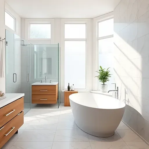 Recently renovated modern bathroom in Tomball Parkway TX with glass shower, freestanding bathtub, wooden cabinetry, and marble countertops