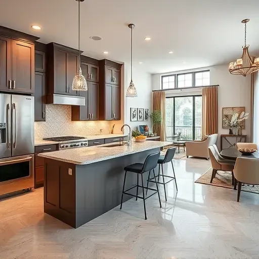 Modern kitchen remodel in Jersey Village TX featuring granite countertops, stainless steel appliances, and an open layout.