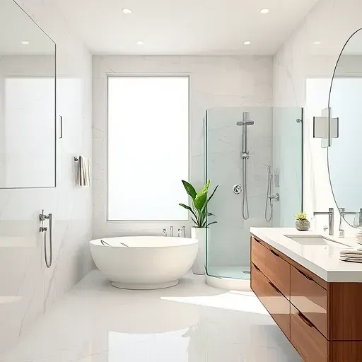 Bathroom remodel in Spring TX with marble tiles freestanding tub glass shower bright natural light and stylish decor.
