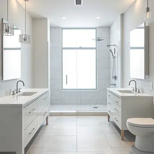 Modern spring TX bathroom with marble countertops, walk-in glass shower, sleek fixtures, and ambient lighting